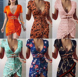 Floral Print Moda Wiązanie Damska Dress Wrap Mini 2021 Letnie wakacje Ruffles Sundress Ruched Krótki Rękaw S-3XL 051901 2 sztuk