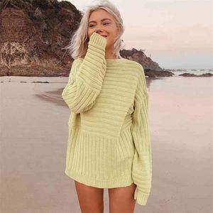 ribbed knitted yellow long sweater pullover chic oversized white sleeve autumn winter jumper casual loose 210427