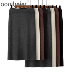 Chic Cable Knit Midi Skirt Tjock varm vår Vinterkontor Lady Pencil Elastic High Waist Women Long s 210604