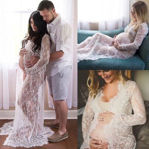 Sexy Maternity Dresses Photo Women Front Split Long Maxi Black White Lace Dress Pregnant Gown Photography Prop See Through Summer