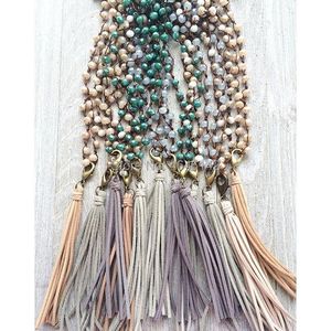 Colares pendentes boho chique manuada de cristal com miçanga longa colar de borla de couro longa