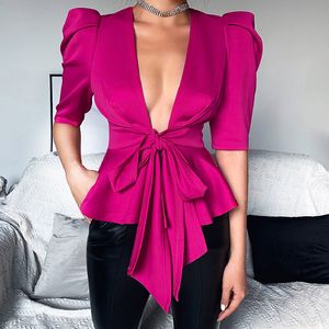 Women Blouse Sexy Deep V Neck with Sashes Peplum Sleeves Rose Red Half Sleeve Clubwear Party Fashion Female Tops Shirts 210416