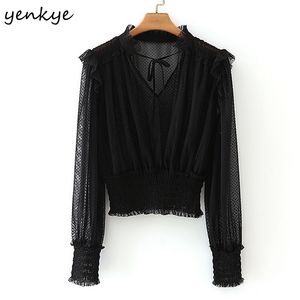 Yenkye moda mulheres sexy transparente malha blusa camisa manga comprida v neck rolo vintage preto top feminino pontilhado blusas tops 210515