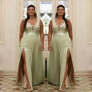 Light Green Plus Size Appliqued Prom Dresses Sheer V Neck Evening Gown A Line Split Side Chiffon Floor Length Formal Dress Abiye 2022