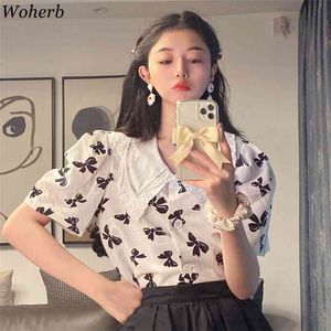 Sommar Koreanska Blus Mode Kvinnor Bow Print Kortärmad Vit Toppar Ladies Slim Single-breasted Shirts 210519