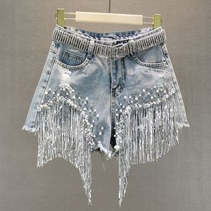 Disponibile in stile europeo estate donna diamante perline paillettes nappa pantaloncini di jeans jeans moda donna pantaloni tutto-fiammifero 210428