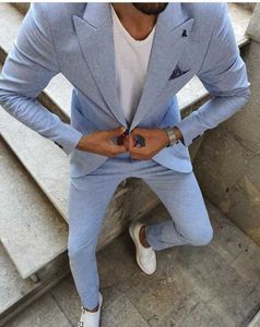 Casual Light Blue Slim Fit Mens Prom Passar 2 st Kostym Homme Peaked Lapel Bröllopskläder för män Tuxedos Blazers Jacket Pants X0909