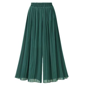 Chiffon Wide Leg High Waist Cropped Pant For Women Casual Pleated Summer Vintage Boho Female Green Capris Trousers B82205A 210416