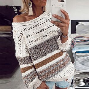 Women Sweaters and Pullovers Winter Warm Knitted Wool Korean Off Shoulder Striped Tunic Loose Sexy Long Sleeve 210428