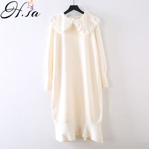 H.Sa Kobiety Spring Arrivals Słodkie Ruffles Długie Sweter Sukienki Cute Neck Curl Down Collar White Lace Dress Pull Femme 210417