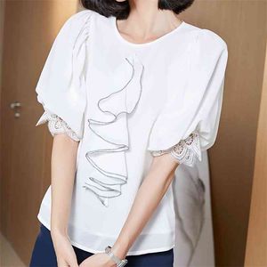 Summer White Chiffon Shirt Women Short Sleeve Ruffle Lace Hollow Out Cuff Ladies Back Buckle Tops Office 210601