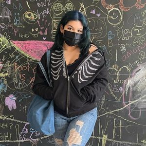Zip Up Gothic Black Hoodie y2k Women's Rhinestone Skull Casual Oversized Sweatshirt Punk E-girl Harajuku Long Sleeve Outerwear