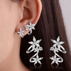 Crystal 925 Sterling Silver Ear Clip Cubic Zircon Five Leaves Flowers Cuff Fashion Earring Women