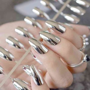 Unghie finte argento specchio unghie finte punta a spillo punte per unghie acriliche metalliche 24 pezzi / kit facili da indossare ogni giorno 220225