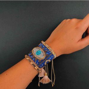 Bluestar 2021 Szeroki Turecki Evil Eye Bransoletka Kobiety Miyuki Armband Chic Crystal Handmade Tassel Woven Jewelry