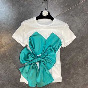 Fabpop Summer Design Kortärmad O Neck Big Bow Decoration Fake 2 Piece Set Women T Shirt GB105 210709