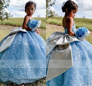 2022 Cute Light Blue Pageant Party Sweet 15 Dresses Girls Silver Big Bow Spaghetti Ball Gown Mini Quincenaera Dress Toddler