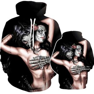 Mäns Hoodies Sweatshirts 3D Mens Gothic Retro Skönhet Mask Skelett Print Pullover Spegel Svart Skalle Motorcykel Top Casual Clothes