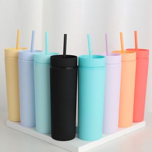 アクリルストレートスリムタンブブラーマットカラーダブルウォール16ozプラスチックタンブラーコーヒー飲料Sippyカップの再利用可能なマグカップ蓋無料ストローFHL308-WY1643