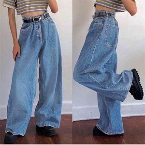 Женская мода джинсы с высокой талией талии широкие брюки ног Большой колокольчик днища повседневные мешковатые брюки винтажные уличные мама 210809