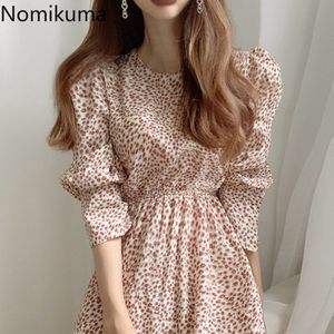 Nomikuma Koreański Styl O Neck Długi Rękaw Sukienka Kobiety Drukowane Slim Talii Dresses Dresses Kobiet Vintage Moda Vestidos 3C542 210514