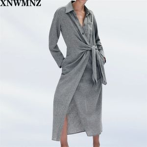 Frauen knotted Limited Edition Midi-Kleid Weibliche Kragen Langarm Side Knoten Krawatte ES Chic 210520