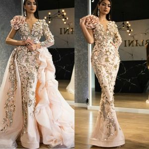 Hand Made Flowers Mermaid Prom Dresses V Neck Long Sleeve Beading Crystal Evening Dress With Detachable Train Party Gowns2761