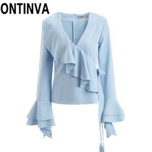 Gümrükleme Kadınlar Mavi Fırfır Bluz Gömlek Moda Kızlar Zarif Giyim Ofis Bayan Workwear Tops Peplum Ilknot Blusas 210527