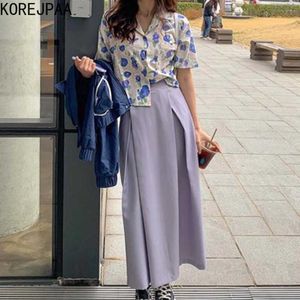 Korejpaa Frauen Kleid Sets Korea Chic Retro Blume Revers Lose Kurzarm-shirt + hohe Taille Falten Rock Lange rock Anzug 210526