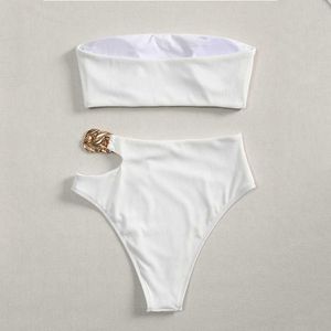 In-X High Waist Bikini 2021 Bandeau Swimsuit Kobiety Łańcuch Swimwear Kobiet Sporty Off-Ramię Kąpiel Solid Ribbed Swim New Y0820