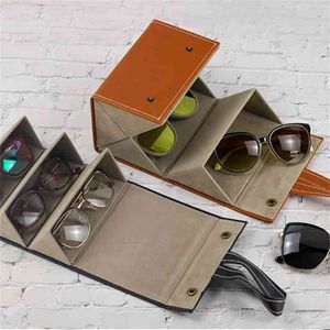 Portable Glasses Organizer 3/4 Multi-slot Eyeglasses Storage Display Travel Folding Sunglasses PU Leather Case Magnet Switch 210922