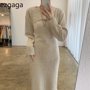 Ezgaga Two Piece Set Women Elegant Loose Cropped Shawl Sweater and Split Spaghetti Strap Dress Solid Lady Party Knitwear Fashion 210430