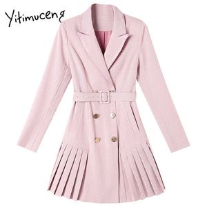 Yitimuceng Bird Lattice Plised Sastes Sukienki Kobiety Mini Solid Różowa Wiosna Notched Podwójne Breasted Koreański Office Lady 210601
