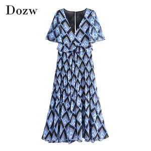 Women Fashion Geometric Print Pleated Dress V Neck Flare Short Sleeve Casual Long Maxi Ruffles Hollow Out Chiffon 210515