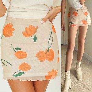 Fashion Pencil Skirts Elegant Tulip Print Women A line Skirt Vintage Mesh women mini Elastic waistline skirt za 210510