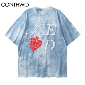 Oversized Tshirts Streetwear Embossed Heart Print Tie Dye Tees Shirts Casual Harajuku Fashion Cotton Loose Tops 210602