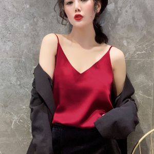 Korean Silk Top Women Satin Tank Woman V-neck Solid s Tees Plus Size Sleeveless White Summer Sexy Black 210427