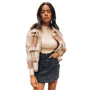 Women's Jackets Plaid Crop Leather Jacket Women Lamb Wool Teddy Coat Stand Collar Short Autumn Winter Warm Brown Female