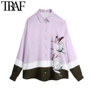 TRAF Kadınlar Moda Hayvan Baskı Gevşek Rahat Bluzlar Vintage Uzun Kollu Button-Up Kadın Gömlek Chic Tops 210415