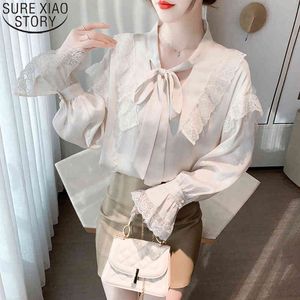 Strappy Tops Spring Vintage Blouse Hong Kong Style Chiffon Clothes Lace Ruffled Flare Long Sleeve Women Blouses 13210 210417