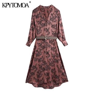 Kvinnor chic mode med bälte djur tryck mysig midi klänning v nacke button-up kvinnliga klänningar vestidos mujer 210420