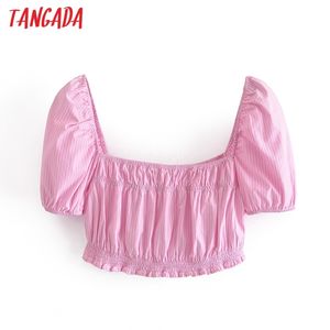 Mulheres retrô listrado cópia rosa colheita de manga curta verão chique feminino sexy slim camisa tops 3h295 210416