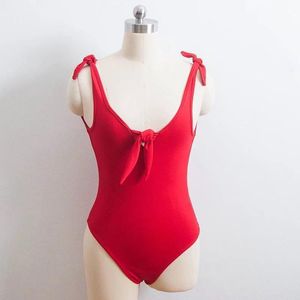 Women's Jumpsuits & Rompers Sexy Red Tie Front Bow V Neck Bodysuit Scoop Back Body Top Women Romper One Piece Beachwear