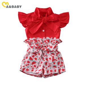 1-6Y Summer Child Kid Baby Girls Clothing Set Fashion Bow Blouse Sleeveless Tops Watermelon Print Shorts Outfits 210515