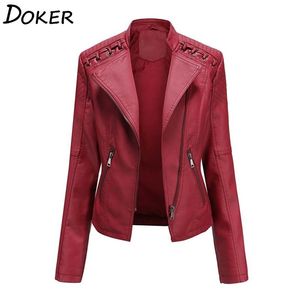 Höst Vinter PU Faux Läderjacka Långärmad Zipper Slim Motor Biker Coat Kvinna Outwear Toppar 211118