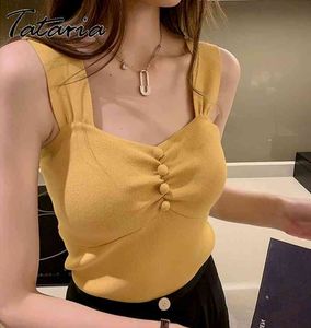 Kvinnors Stickade Tank Crop Tops Casual Camisole Sexig Sling V-Neck Button Fashion Top Kvinna Sommar Lila Koreansk stil Vest 210514