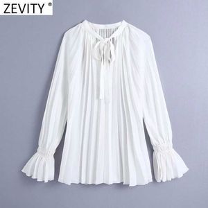 Zevity Women Fashion V Neck Lace Up Casual Pleated Smock Blouse Office Ladies Flare Sleeve Shirts Chic White Chemise Tops LS7352 210603