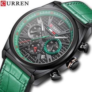 Curren Męskie zegarki na rękę Klasyczne Chronograf Sportowy Pokrętwa Kwarcowe Skórzane Zegarki dla Mężczyzna 2021 Zegar Green Q0524