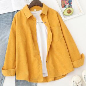 Kimonos Kadın toptan satış-Sarı Kadın Gömlek Uzun Kollu Corduroy Düğme Kadar Resmi Gömlek Bluz Kadın Zarif Sonbahar Kimono Harajuku Bayanlar Bayan Bluzlar Tops