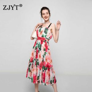 Verão Designers Runway Moda Mulheres Charming Floral Impressão Chiffon Spaghetti Strap Dress Festa Bohemian Beach Robe Femme 210601